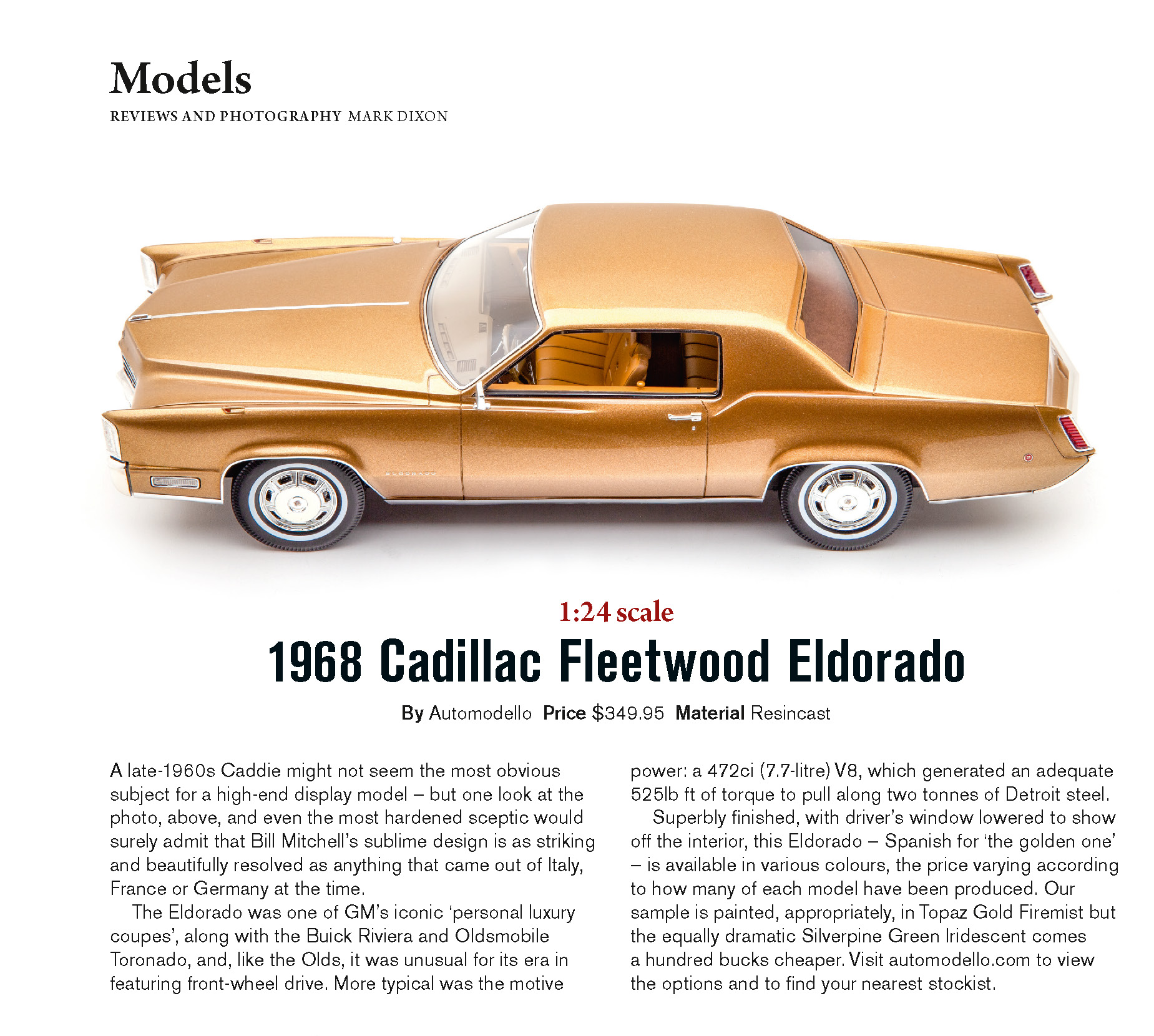 Automodello ONE24 1968 Cadillac Fleetwood Eldorado 1:24 Grecian White 24C013 COA 